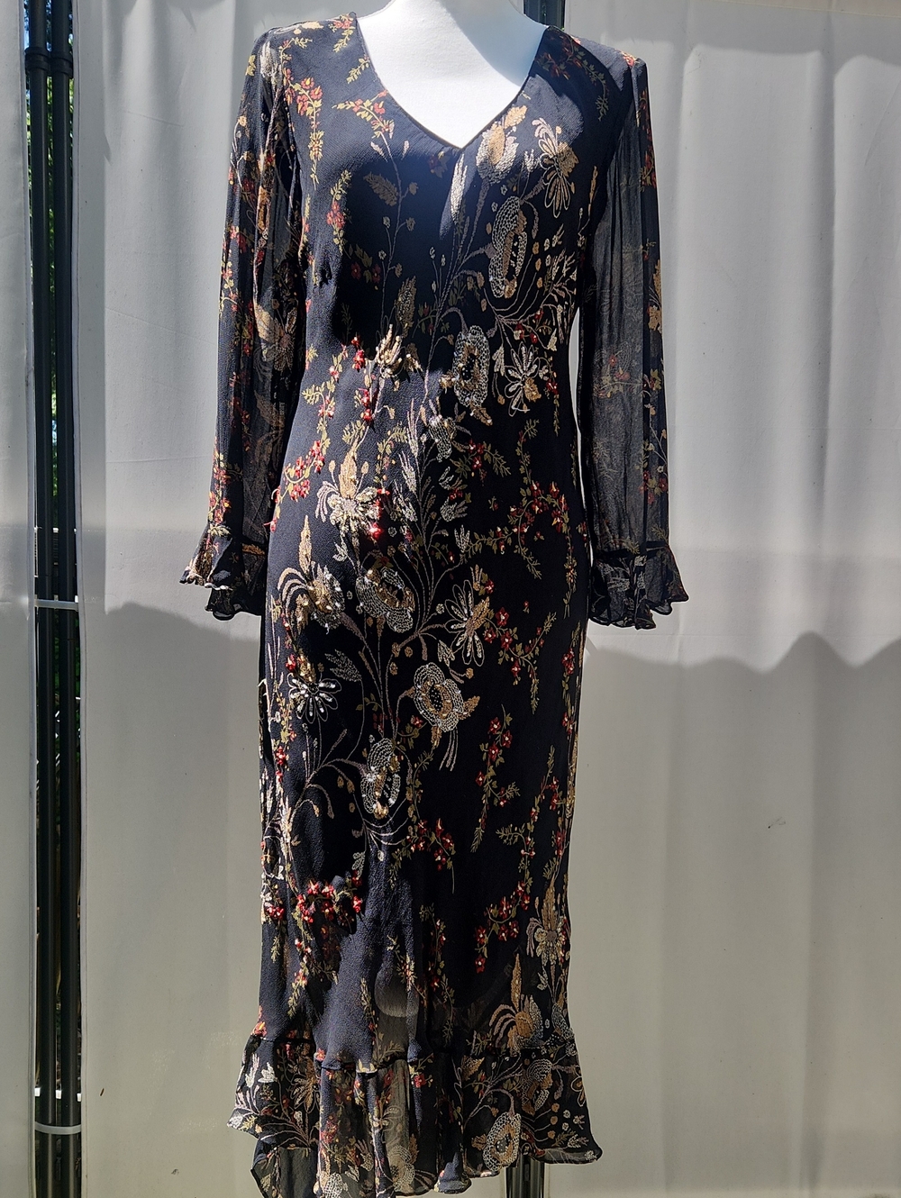 Whimsy Vintage Black Floral Embroidered Sheer Long Bell Sleeve Ruffle Dress